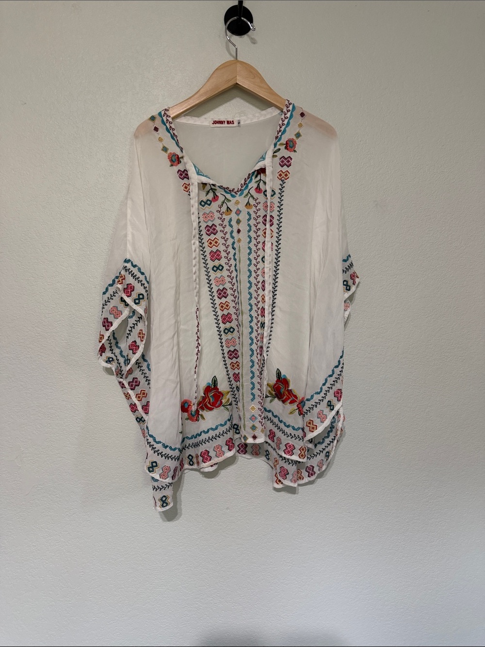Johnny Was White Embroidered Boho Tunic Poncho with Multicolor Floral Accents